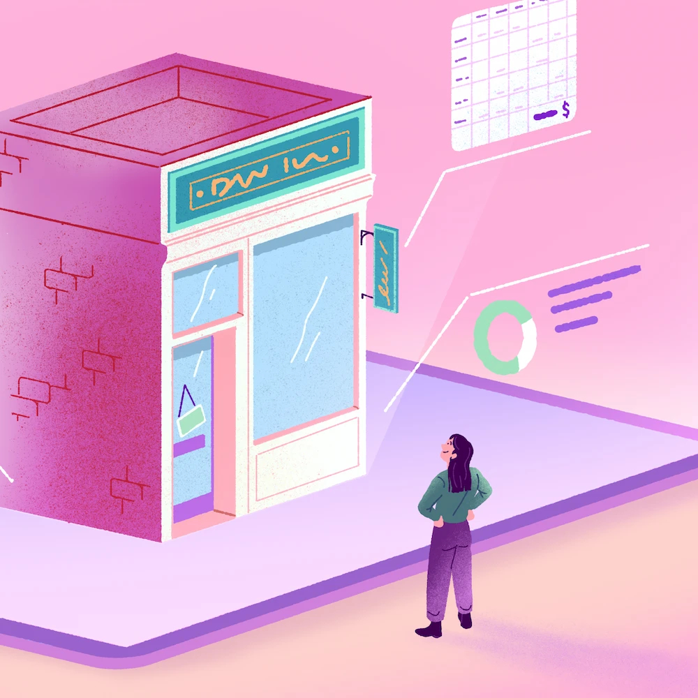 Personne observant un commerce de détail qui émerge d'une tablette. Celle-ci affiche différents widgets d'un logiciel de gestion qui pointent vers le commerce.