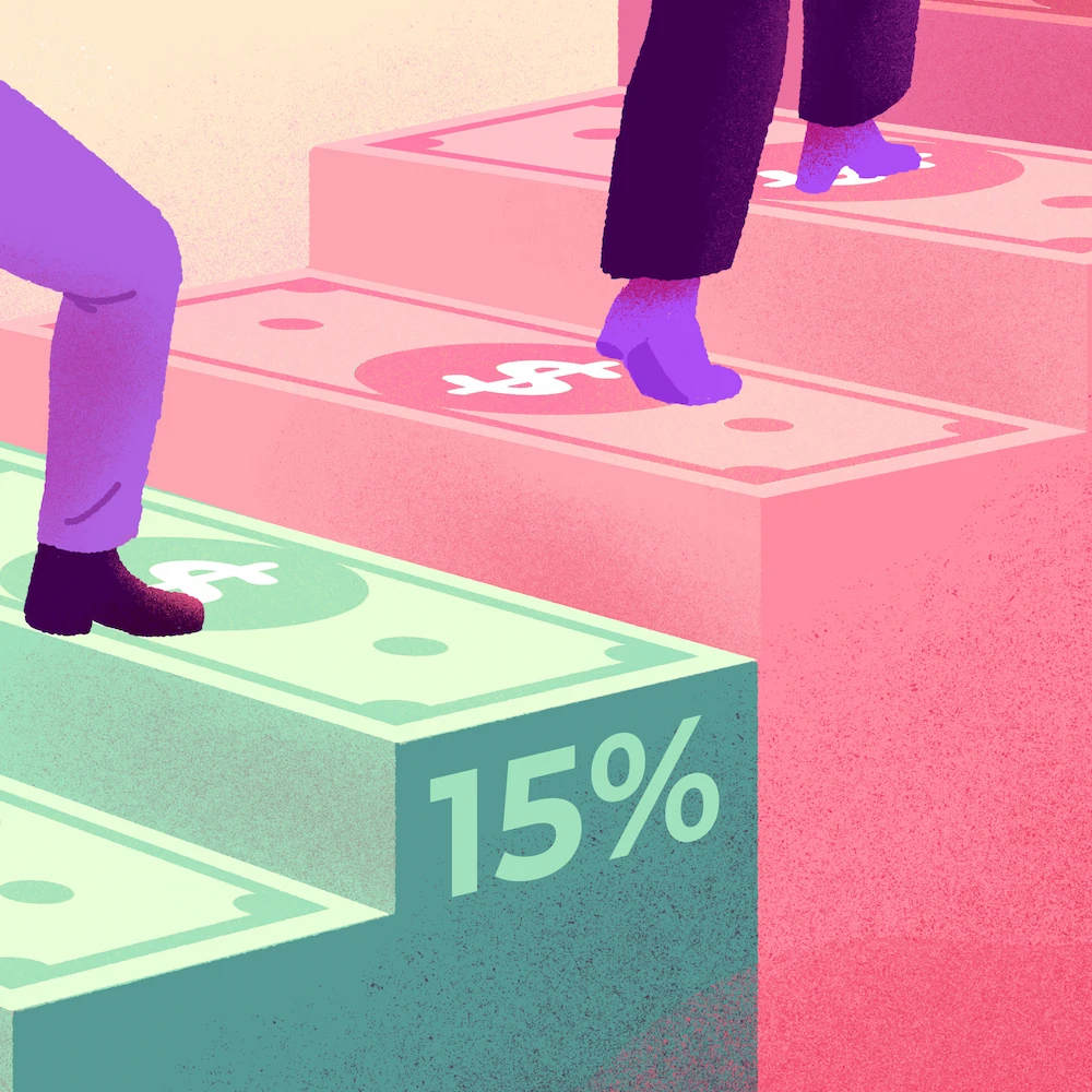 Two people climbing stairs with percentages and money symbols on them. Only their legs are visible.