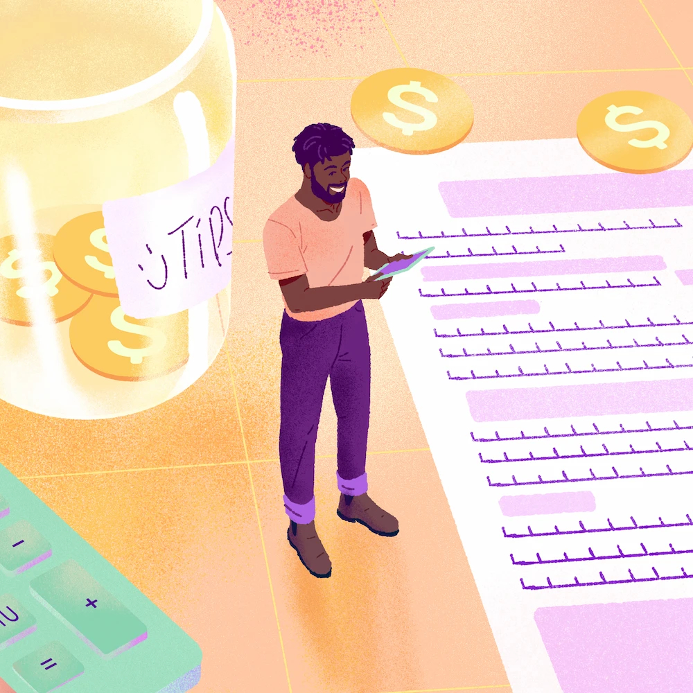 Manager seen from above surrounded by giant objects: calculator, tip jar and a paper document.
