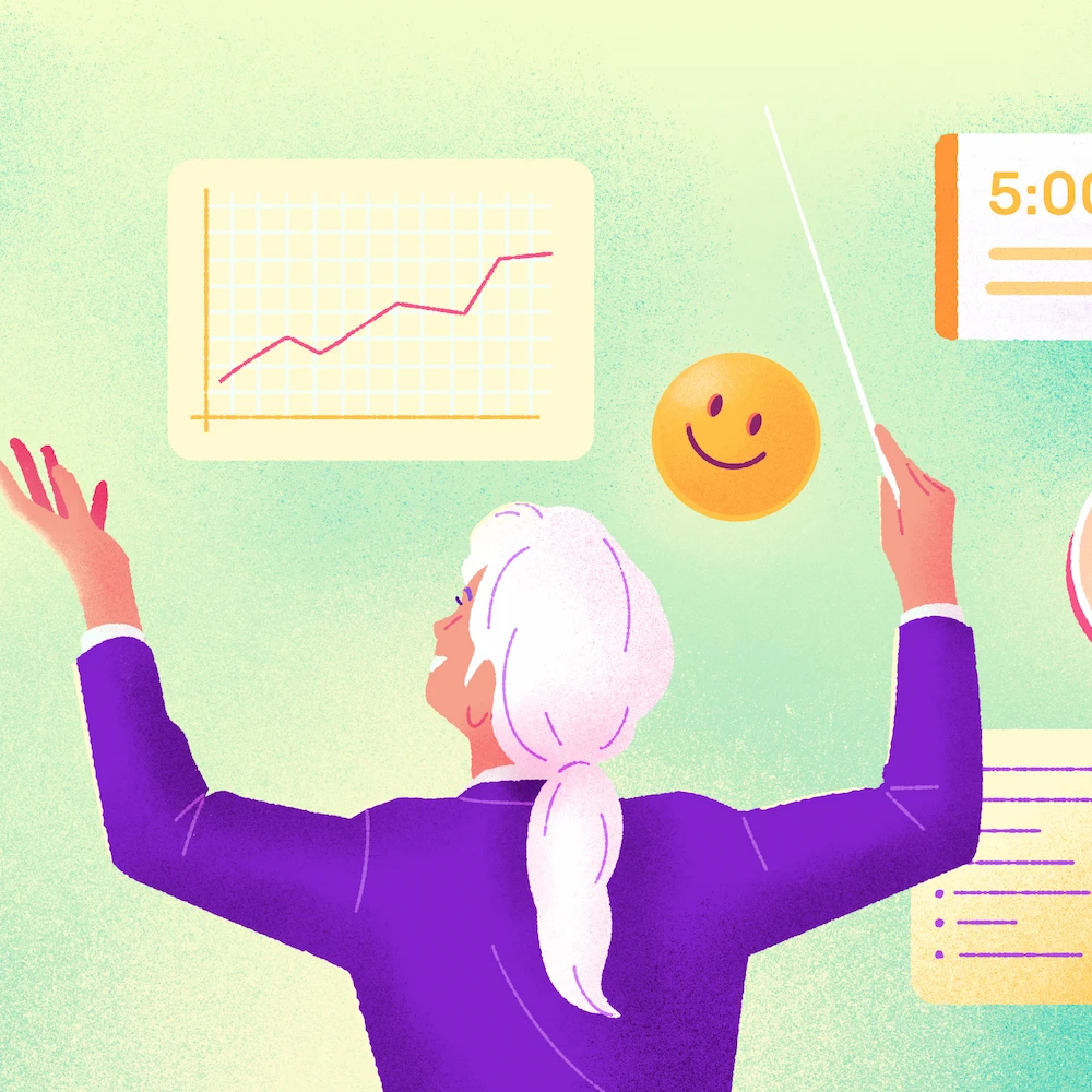 Manager seen from behind. She has the posture of an orchestra conductor and stands in front of a wall with several different icons (shift, graph, speech bubble).