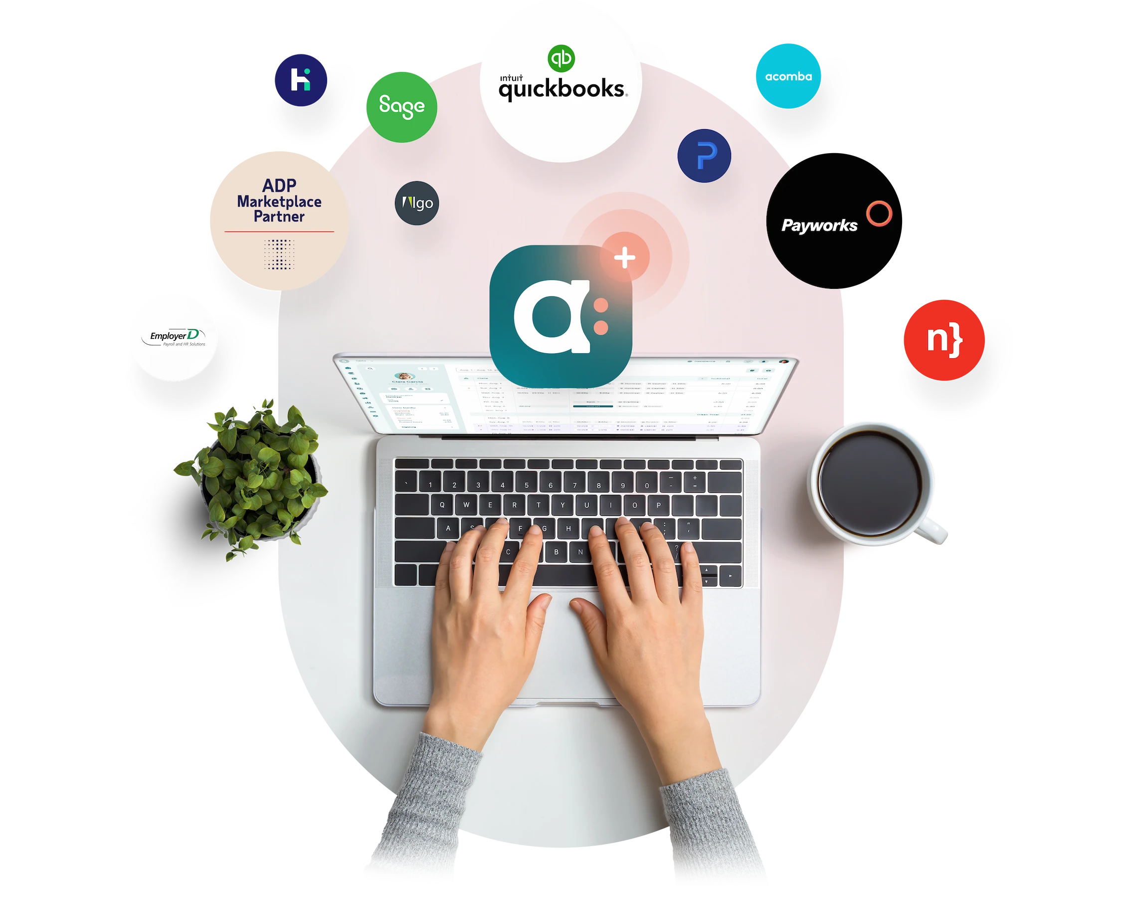 Computer viewed from above with various logos of integrations available with Agendrix.