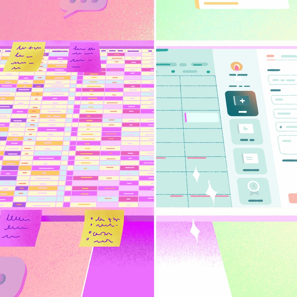 A split-screen visual. On the left side, there’s an overflowing Excel file surrounded by sticky notes and icons. On the right side, you see the Agendrix shift scheduling app, where everything is neatly organized and simple.