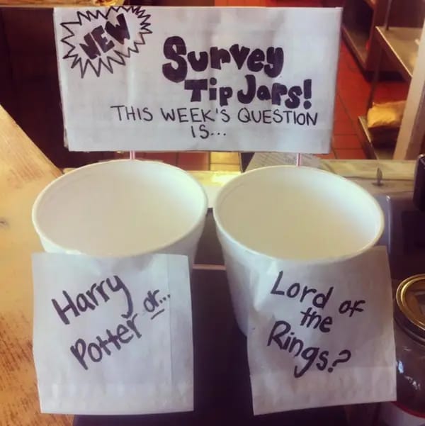 game with two tip jars, asking customers what their favourite film is