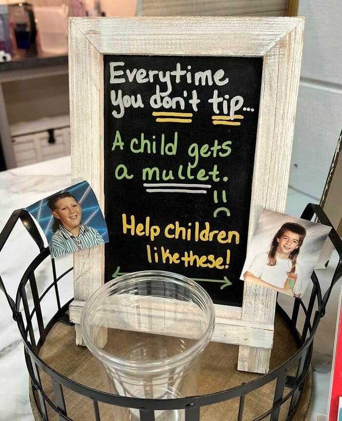 tip jar with two photos and text