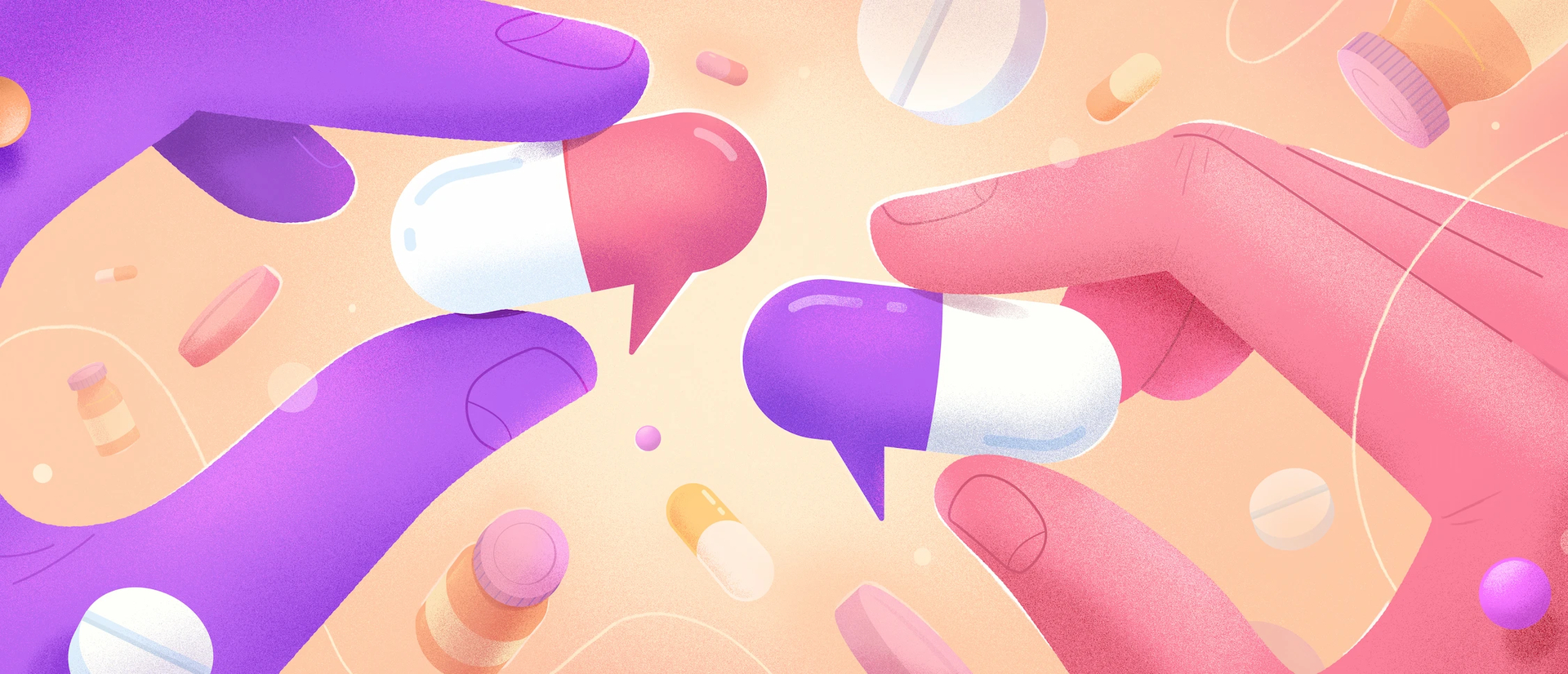 Two open hands holding oversized, brightly colored pills