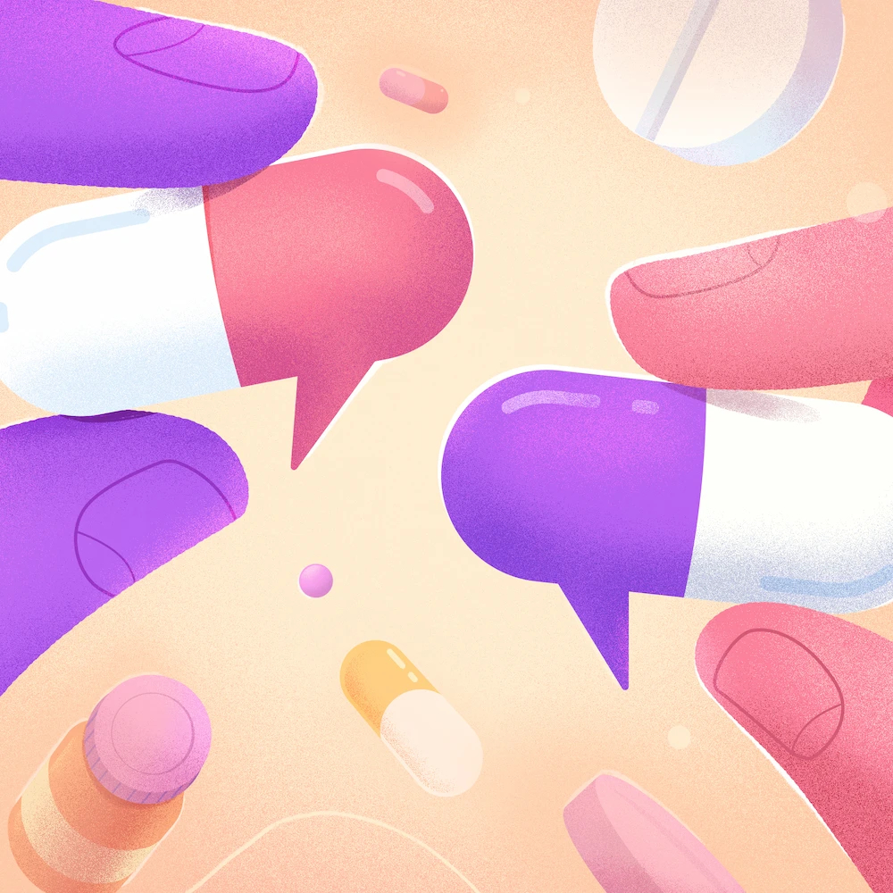 Two open hands holding oversized, brightly colored pills