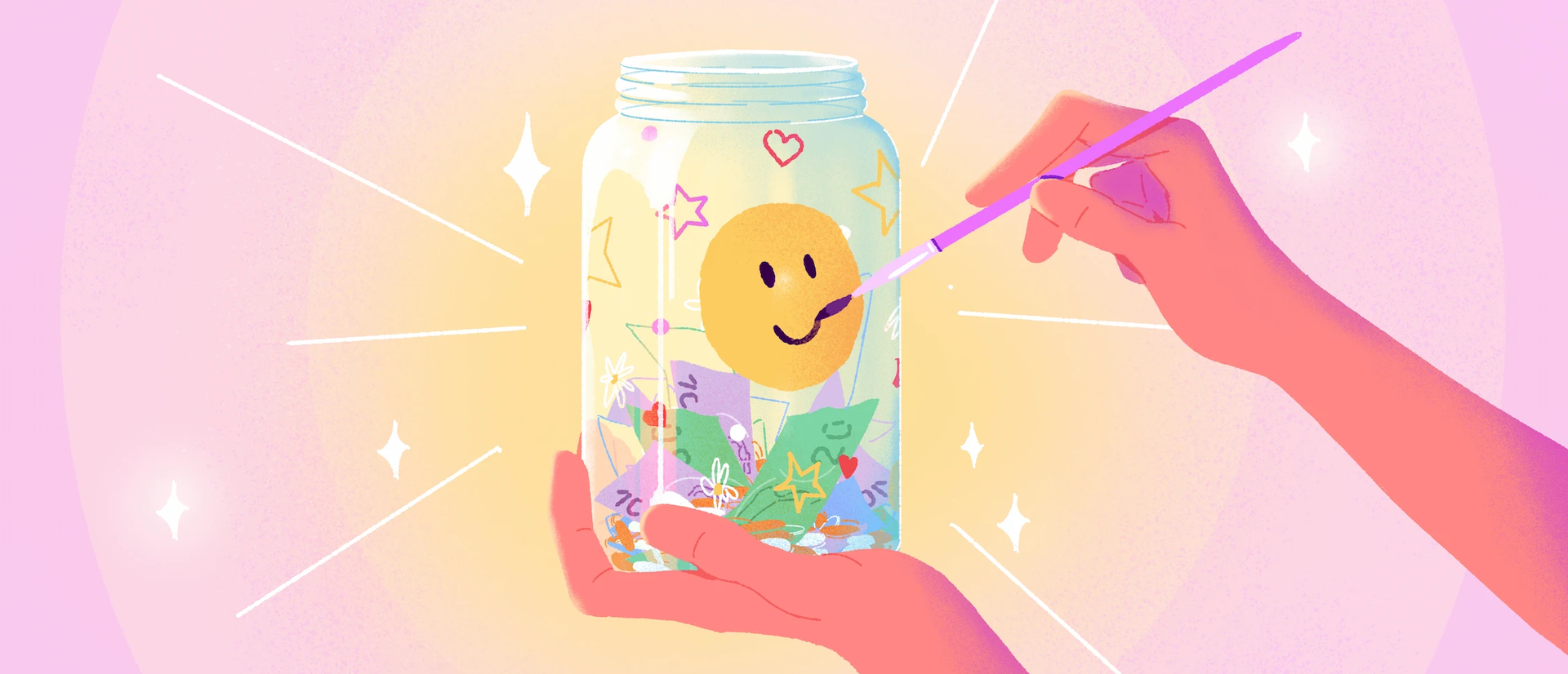 A hand painting a smiley face on a tip jar that is filled with coins and bills, symbolizing creative and welcoming tip jar ideas.