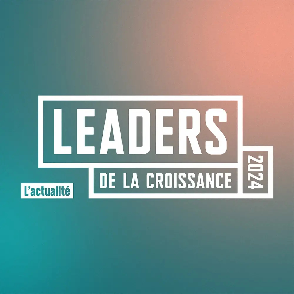 Logo de Leaders de la croissance 2024 du magazine L'actualité, sur un fond aux couleurs d'Agendrix.