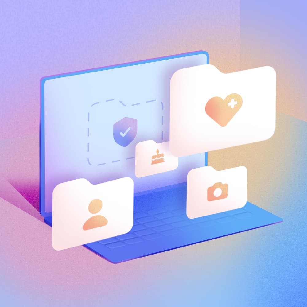 Computer with files with a heart, a person icon and a camera icon