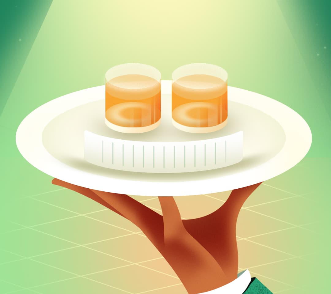 Waiter's hand holding a tray with 2 drinks and a receipt that make a smiley