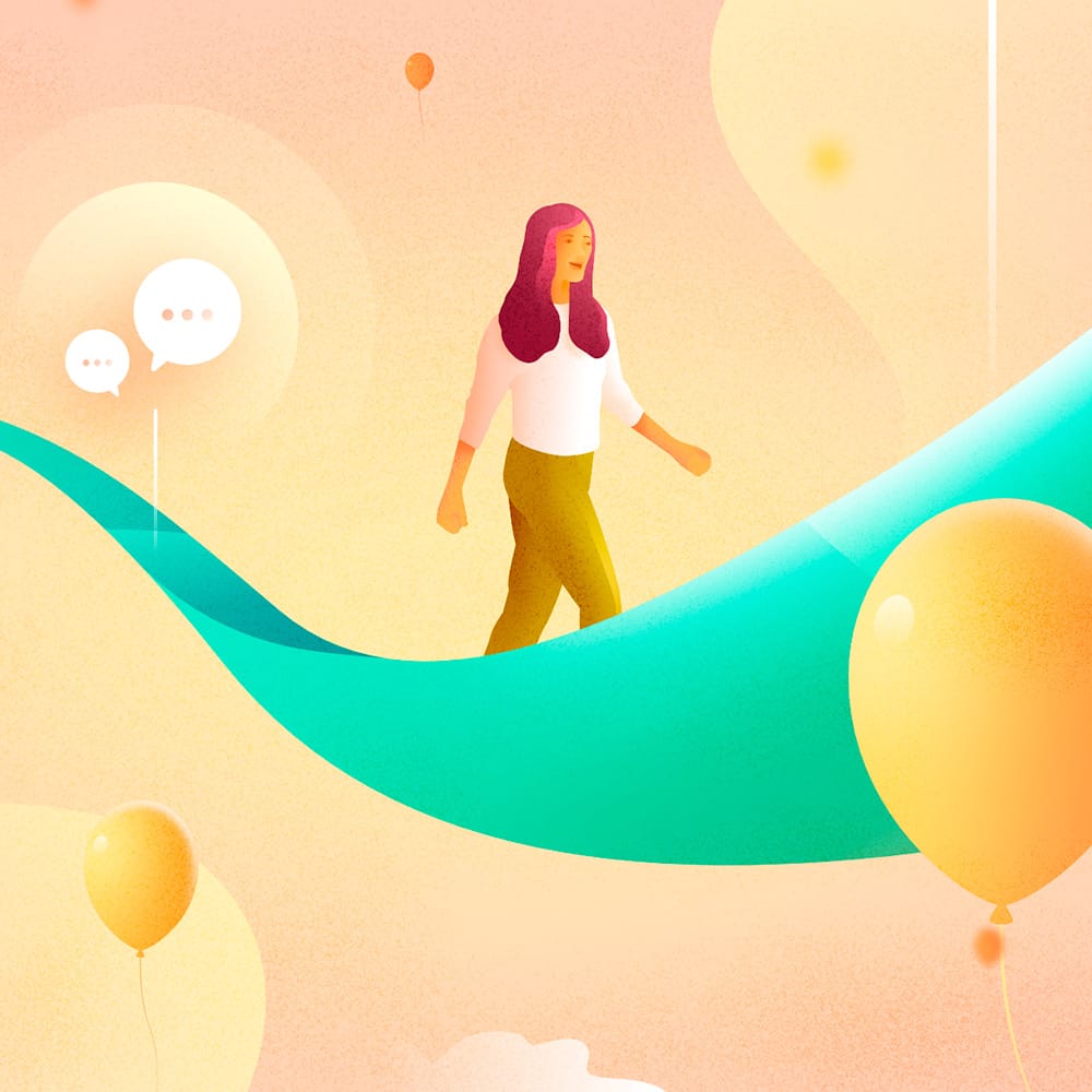 Female employee walking on a bright path with balloons floating in the background