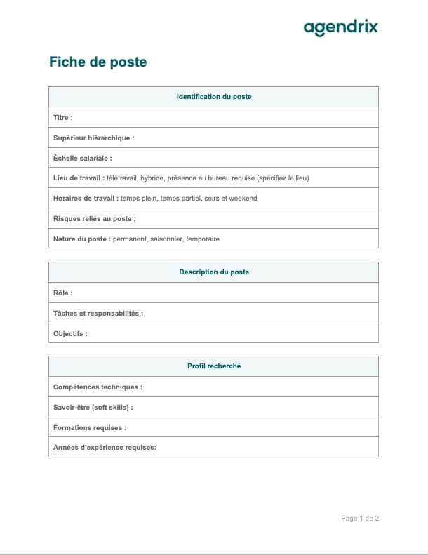 Mod Le De Fiche De Poste Gratuit T L Charger Agendrix