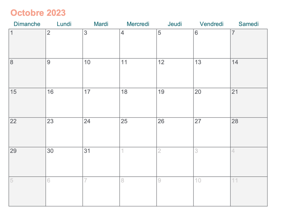 Calendrier Excel 2023 à télécharger
