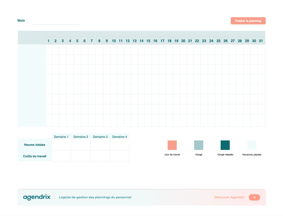 Capture d'écran du modèle d'horaire mensuel